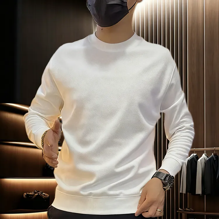 男士秋季纯色卫衣印花圆领潮流上衣套头长袖薄款加绒打底衫白色衣