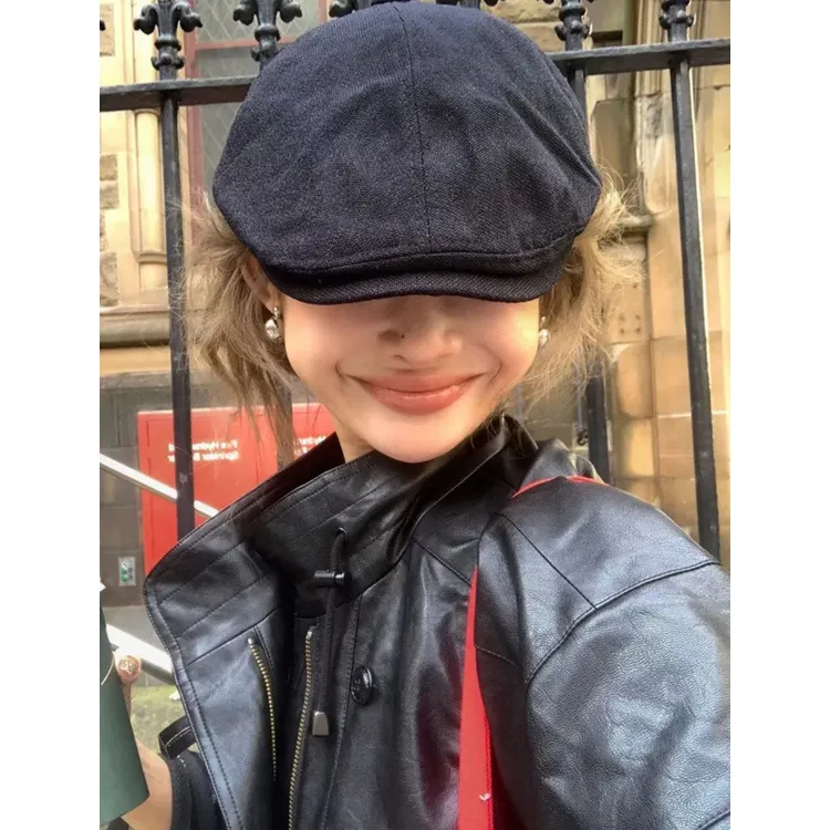 日系棉麻复古纯色雅痞显脸小气质百搭前进帽子报童鸭嘴女潮街头风