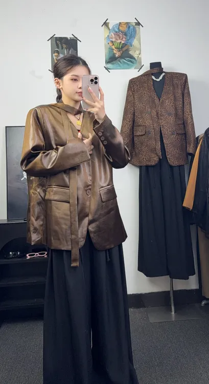 ［大囍·studlo］高级暗纹飘带西装外套女新款韩版宽松中长款西服女