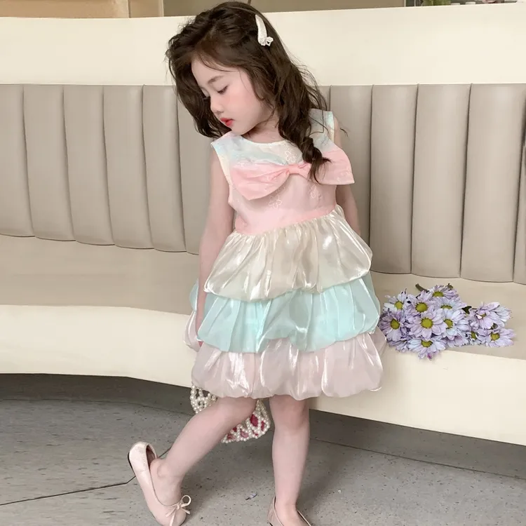 童装2025夏季新款女童小童韩版彩虹色蝴蝶结无袖蛋糕无袖连衣裙