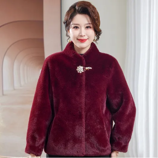 【新疆包邮】雪兰貂皮毛一体中年妈妈冬季安克拉红立领短款外套