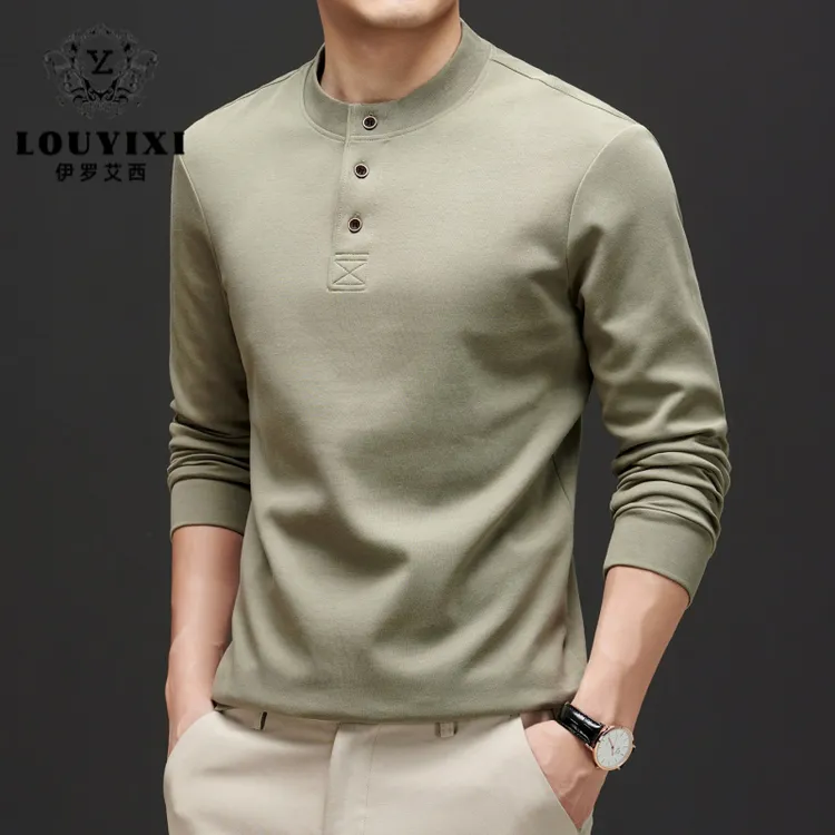 LOUYIXI高尔夫polo衫男士秋季新款亨利领纽扣半开襟长袖t恤