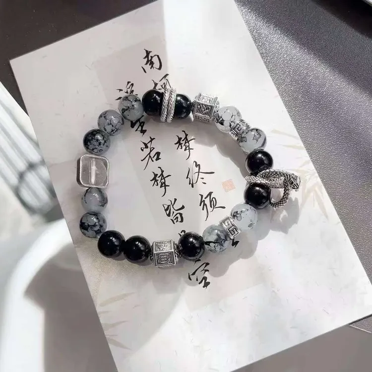 钛钢玻璃手链 龙脊玄武曜夜手串盘龙琉璃珠黑色男女通用复古单圈