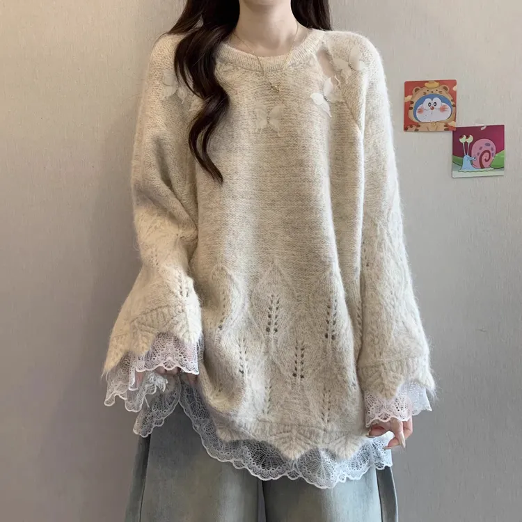 慵懒风蕾丝针织毛衣女秋冬大码胖mm显瘦遮肚中长款遮屁股洋气上衣