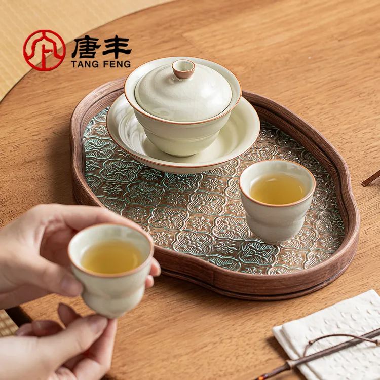 唐丰汝窑盖碗泡茶专用一壶两杯二人茶具家用办公简约喝茶神器茶台