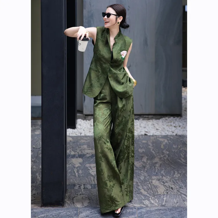 ZEROYK高定职业女装设计感国风醋酸提花马甲上衣阔腿裤通勤两件套