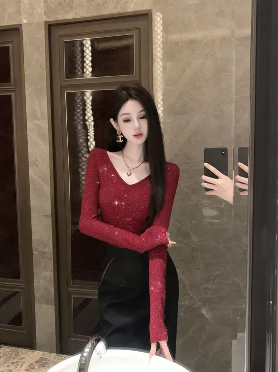 【雅乔定制】星芒跃动 V领修身长袖细闪针织打底衫女DYYK-25082624