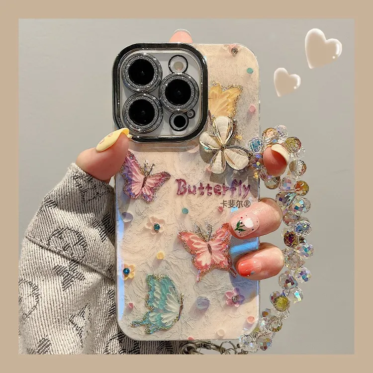 卡斐尔适用立体蝴蝶苹果16ProMax手机壳14手链15全包13油画17防摔