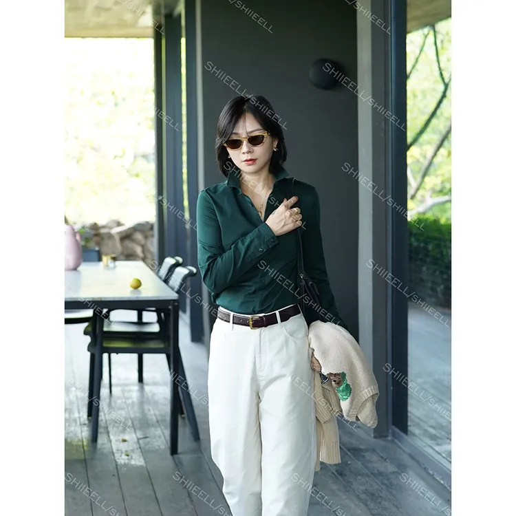 SHIIEELL【皇家绿】基础版棉质筋骨感正肩小版长袖衬衫W6026
