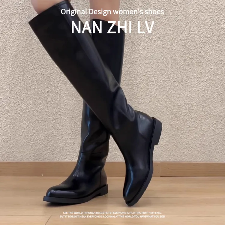 羊皮版~2025秋冬新款时尚小众尖头粗跟高筒靴女皮质骑士靴堆堆靴