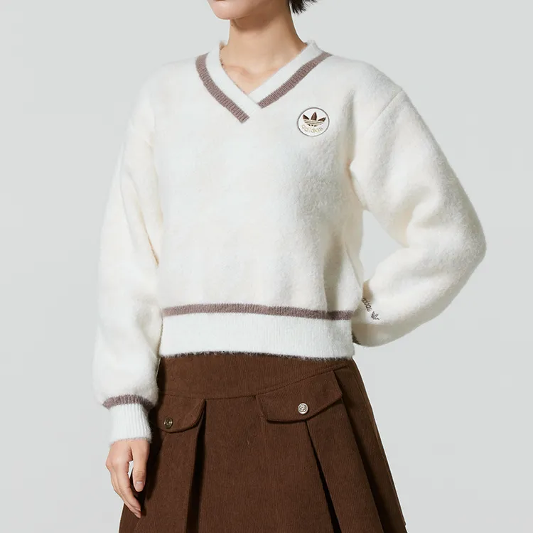 adidas阿迪达斯三叶草千鸟格毛绒开衫套头衫秋冬季新款女子针织衫