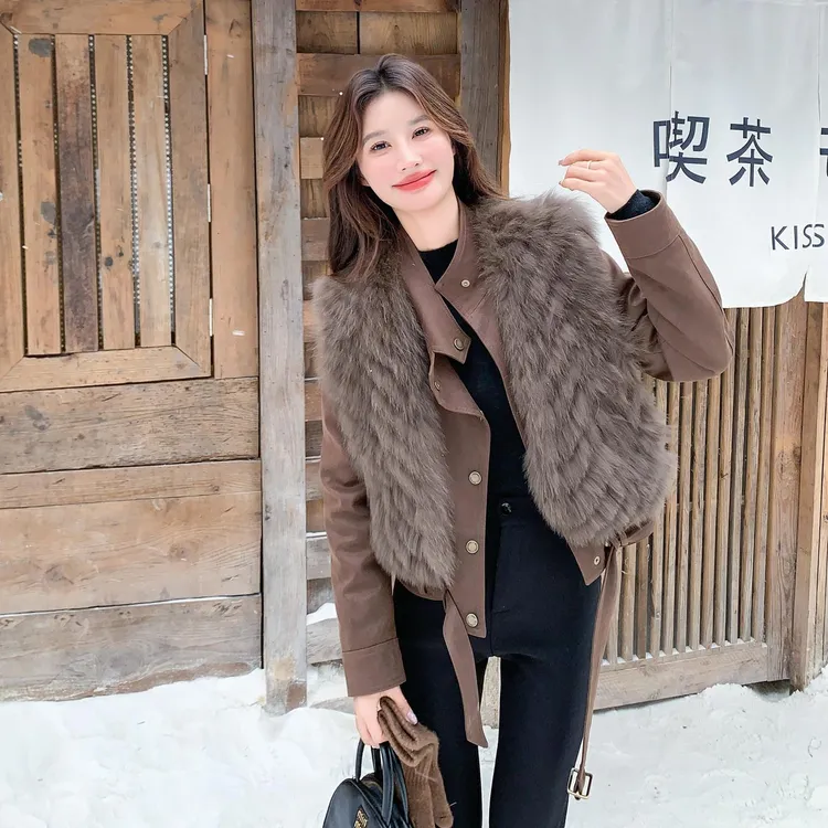 轻熟真貉子毛马甲90羽绒内胆外套2025冬季新款短款咖色机车两件套