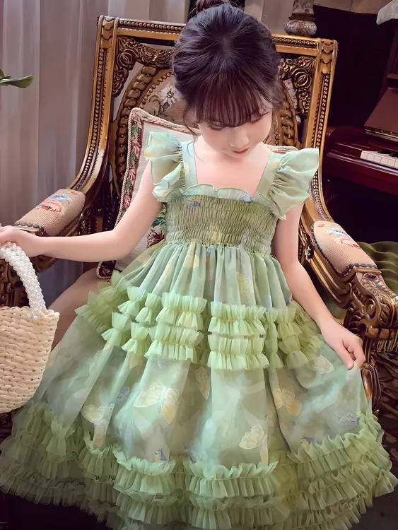 女纯色洋气公主裙夏季蝴蝶连衣裙纱裙女童小女孩女童小公主裙子