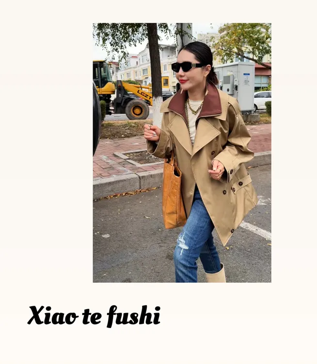 小特 2025秋冬新款女士内胆加棉假两件外套中长款韩版卡其色拼接