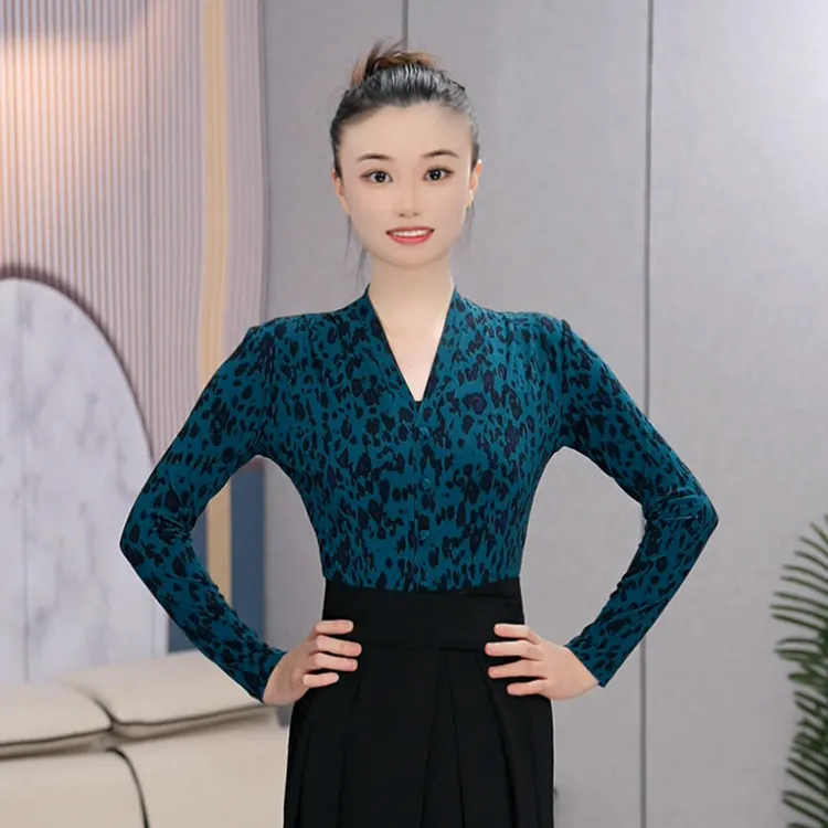 拉丁舞连体上衣女成人摩登舞服V领豹纹印花练功服表演服装交谊舞