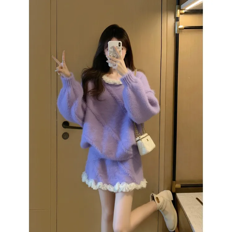 冬季穿搭一整套女2025新款高级感宽松显瘦花边毛衣搭半身裙两件套