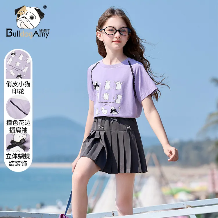 XF952613女童紫色T恤2025夏装新款大童装儿童猫咪短袖上衣小女孩
