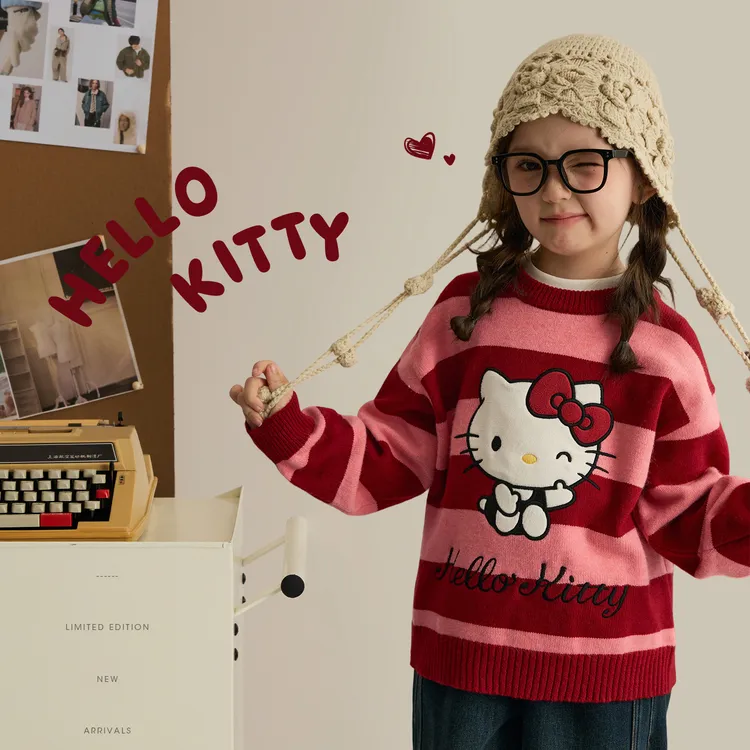 辰辰妈【开心起飞】女童条纹圆领毛衣Kitty儿童保暖针织上衣9149DH