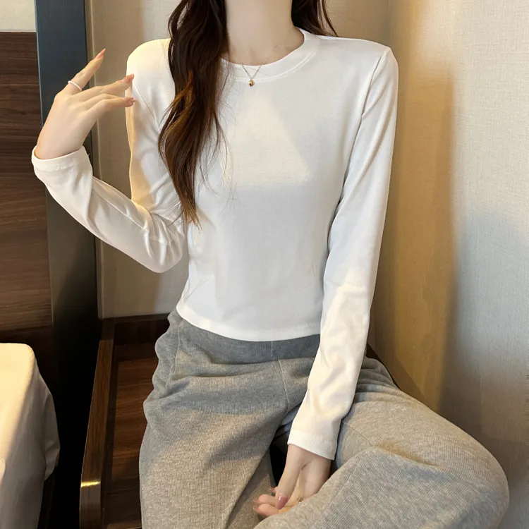 【小个子专属】2025新款打底衫显瘦春秋长袖白色百搭修身圆领秋季女