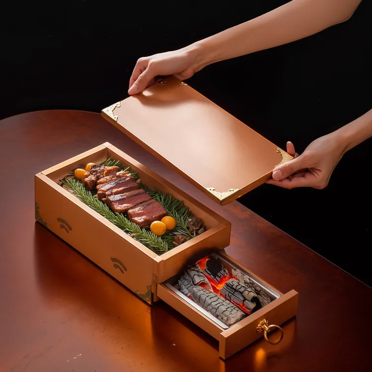 新款实木牛排烤肉盒餐厅创意可加热长方形烟熏和牛西餐特色菜餐具