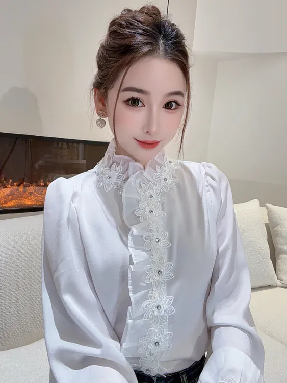 【街拍独白】立领仙女风白色长袖蕾丝洋气衬衫