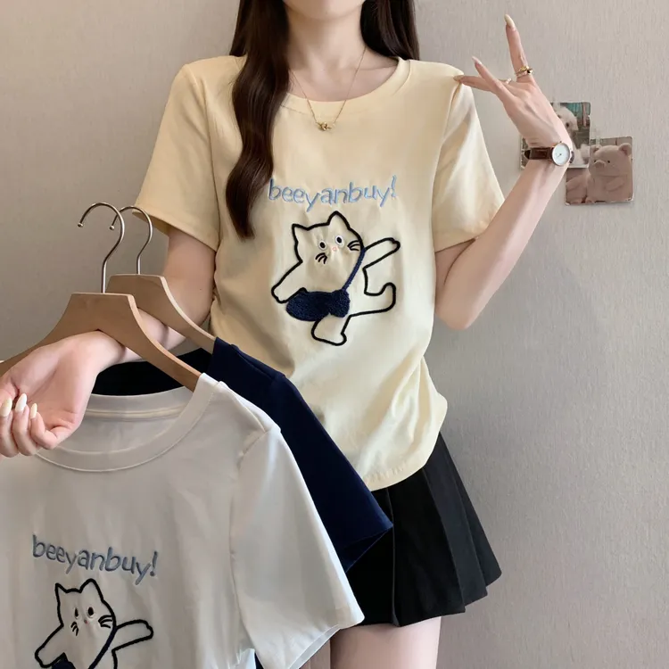 2025夏季新款胖mm大码卡通小猫刺绣短袖t恤褶皱收腰减龄上衣80037