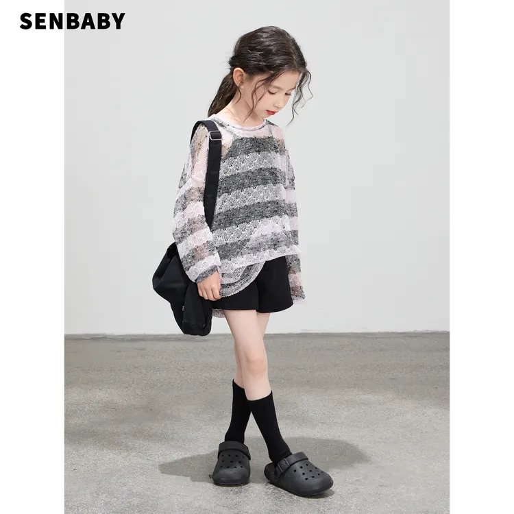 【现货】senbaby女童套头衫初秋新款针织打底衫韩版紫条仿针织衫