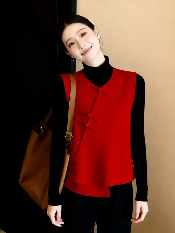 冬季新款上衣复古慵懒chic上衣新中式轻国风红色盘扣马甲短外套女