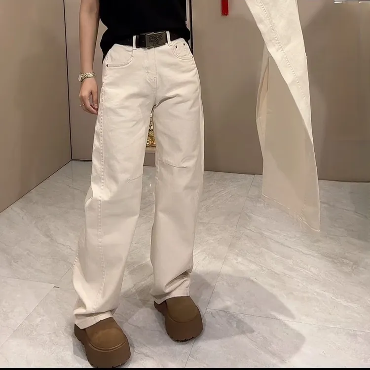 米白色直筒休闲裤子2025早春款爆款高级感不加绒弯刀阔腿牛仔裤