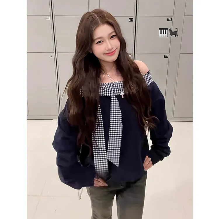 【珂塔芙】蝴蝶结格纹斜肩卫衣女春秋宽松设计感小众休闲百搭上衣潮