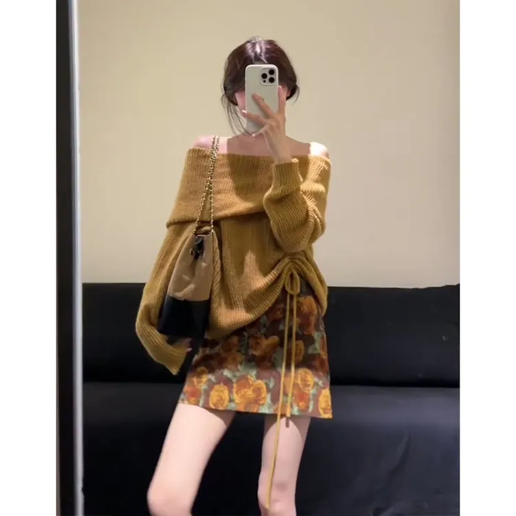2025早秋新款法式气质一字肩修身长袖毛衣上衣百搭高腰碎花半身裙