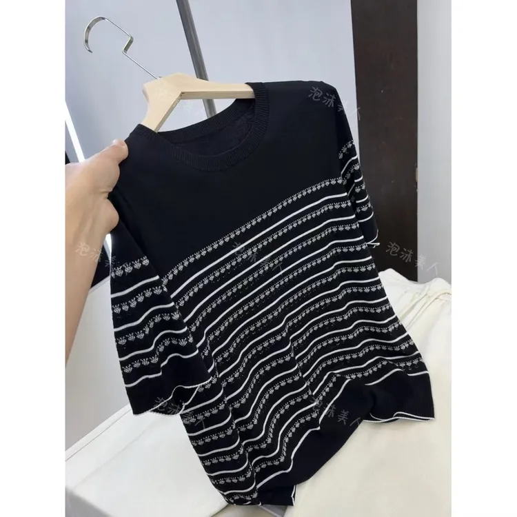 黑白水母」休闲百搭圆领提花短袖针织衫女 25春夏新款