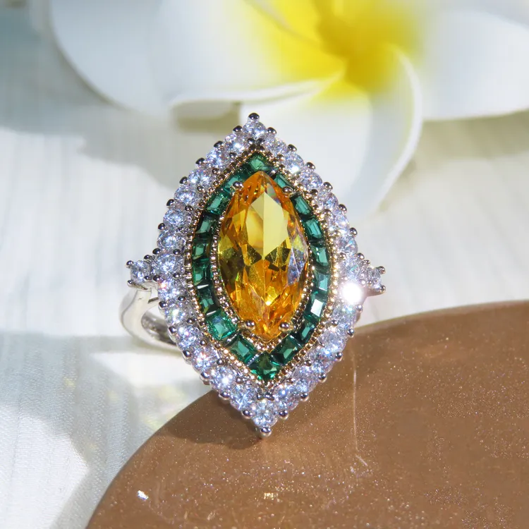 黄铜戒指 复古奢华彩色镶钻马眼水滴形黄锆戒指欧美开口指环女款