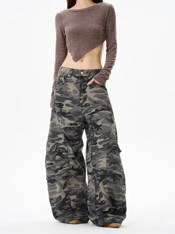 大码女美式复古多口袋弯刀裤宽松直筒垂感阔腿裤子迷彩阔腿工装裤