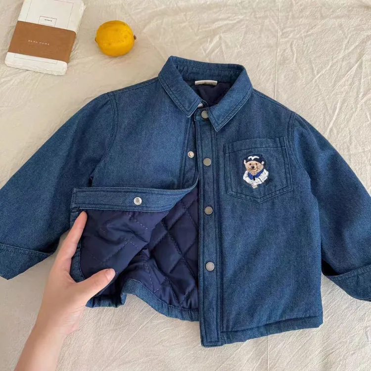 尚颜儿童夹棉外套2025冬款男童卡通小熊牛仔衬衫女童洋气加棉衬衣