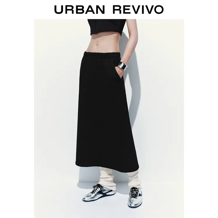 UR2025冬季新款女装简约日常通勤松紧腰后开衩半裙UYB550001