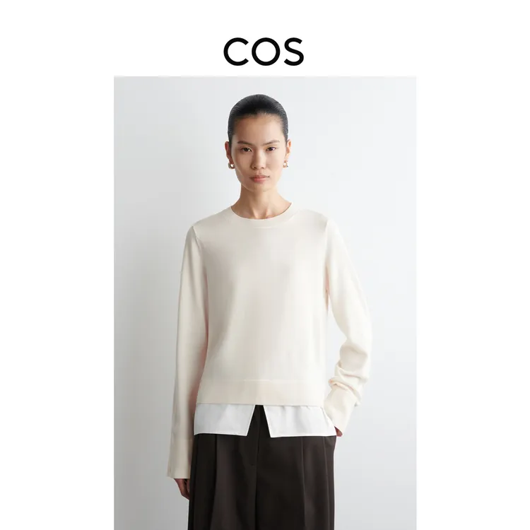 COS女装 高智感拼接美利奴羊毛针织衫白色2025秋季新品1298871002
