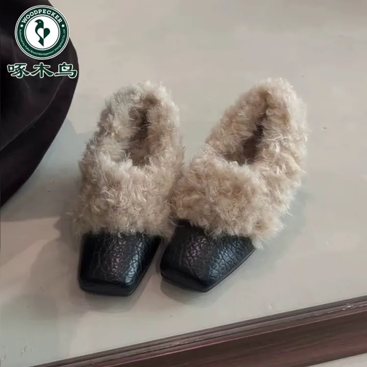 牛皮版~真皮方头粗跟加绒毛毛鞋女2025秋冬新款百搭玛丽珍单鞋子