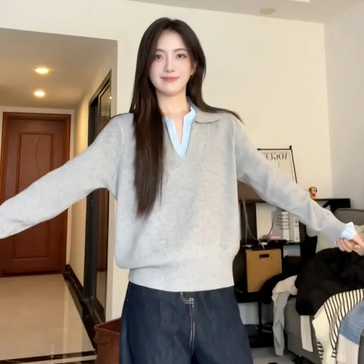 小众别致假两件设计针织衫女秋冬2025新款气质显瘦休闲风百搭上衣