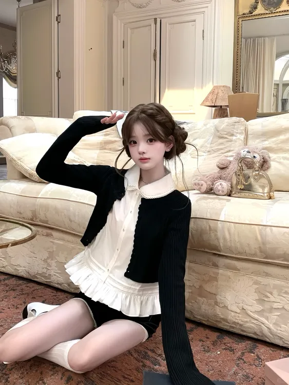绢羽笔尖 秋季新款纯欲风花边拼纱领白衬衫显瘦开衫丝绒短裤套装