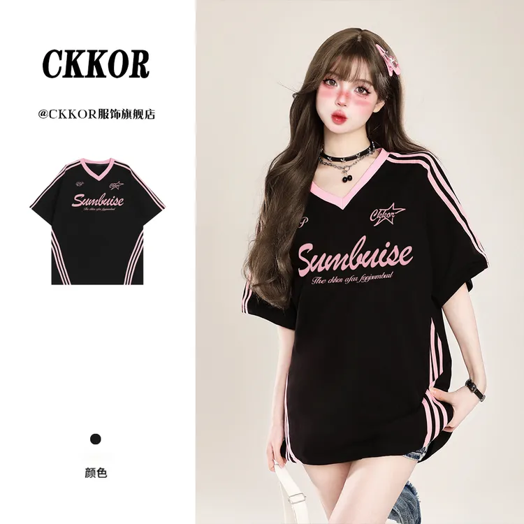 CKKOR衣服美式复古风潮流撞色V领短袖t恤女纯棉百搭宽松时尚上衣 