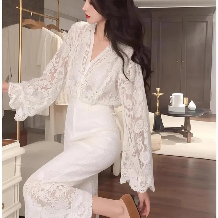 夏季搭配一整套名媛独特漂亮白色蕾丝套装裙超仙富家千金包臀裙子