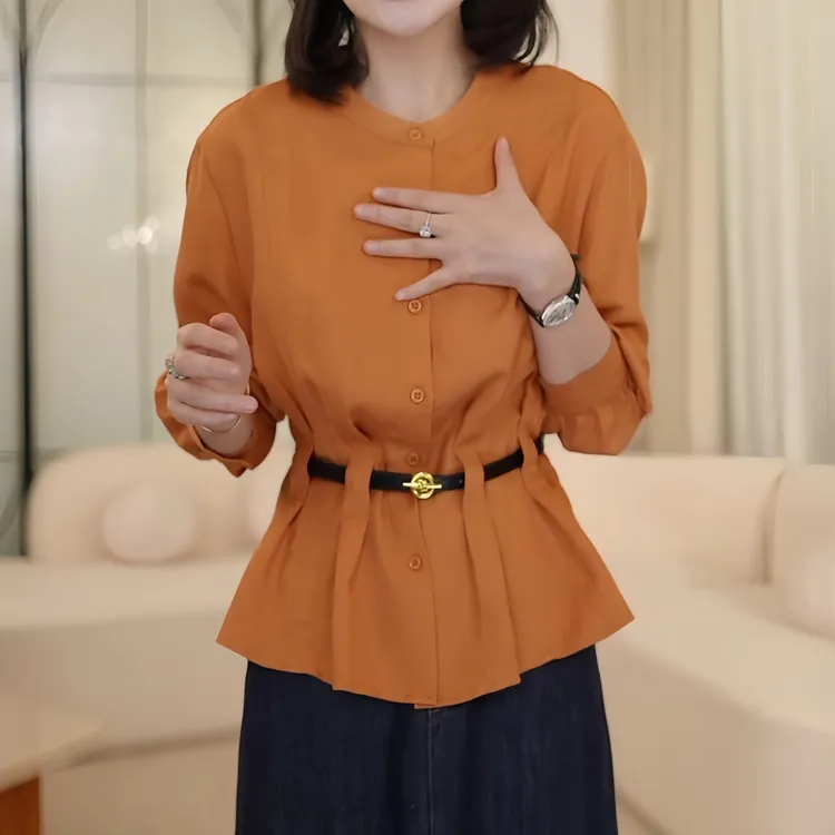 法式漂亮减龄圆领长袖衬衫女2025年秋季新款腰带设计收腰显瘦小衫