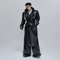ArguE CulturE小众解构垫肩皮大衣外套立体拼接绑带设计长款风衣