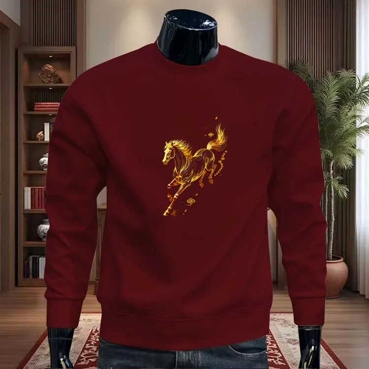 国潮新款爆款马图案印花圆领卫衣秋冬潮流时尚男士加绒长袖上衣服