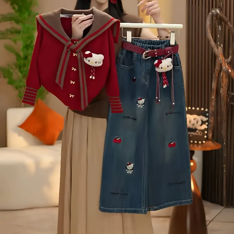 女童2025秋款上新女童套装中大童卡通海军领卡通上衣牛仔裤两件套