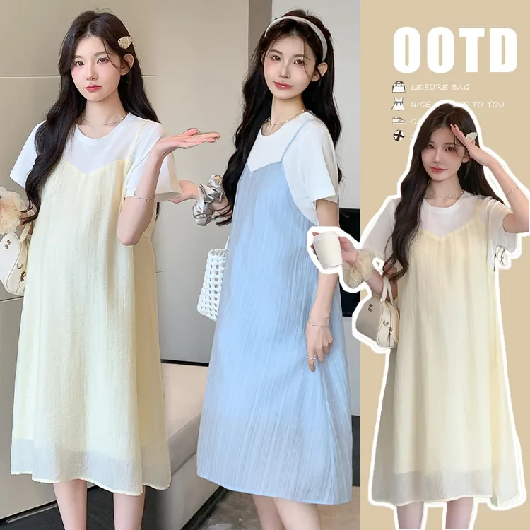 2025夏季新款孕妇装韩版外穿T恤拼接连衣裙假两件套不勒休闲百搭