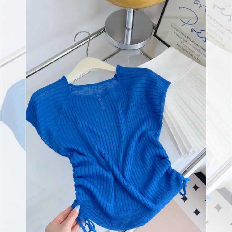 克莱因蓝方领针织显瘦短袖T恤女夏季小个子独特漂亮短款掐腰上衣