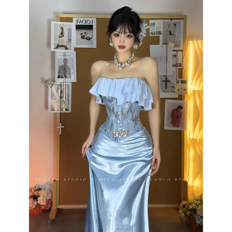 秋季新品「琉璃」 超重工侧拉链鱼骨胸衣收腰T恤缎面弹力鱼尾裙套装