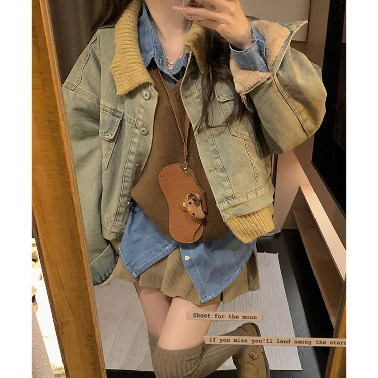 撞色拼接牛仔加绒外套女2025新款爆款秋冬宽松bf慵懒风加厚短棉衣